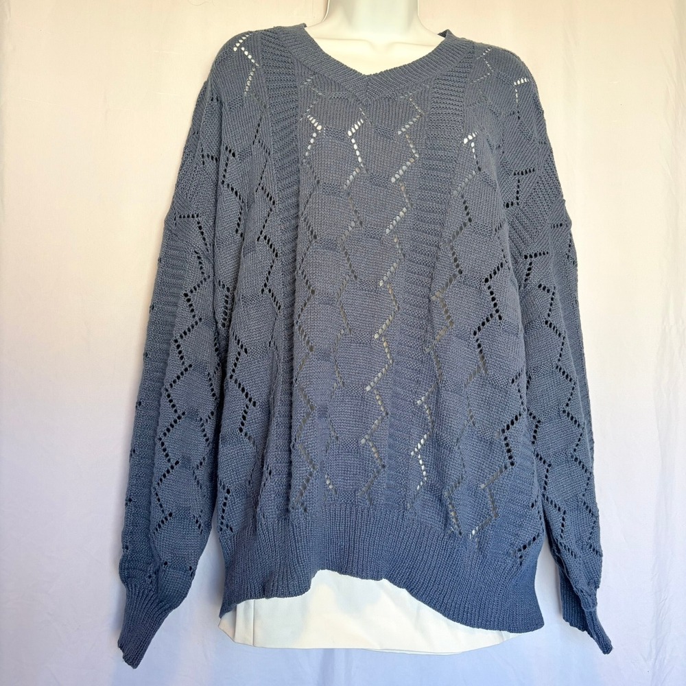 Womens Blue Pointelle Knit Sweater V Neck‎ Open Knit Lightweight Medium